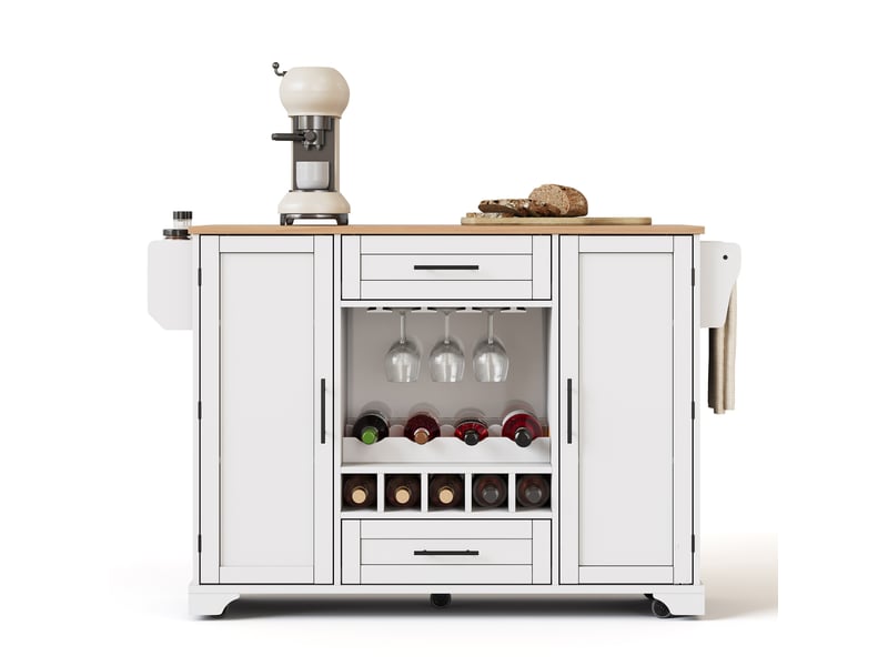  Desserte 138x45-70x92 cm avec plan de travail rabattable, îlot sur roulettes, pour cuisine, en mdf, blanc et naturel  - Conforama A