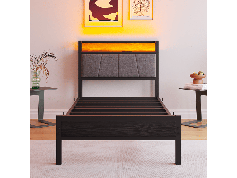  Lit 90x200cm, lit adulte cadre métal robuste, led intelligentes, tête de lit rangement usb, sans bruit, pas de sommier requis  - Conforama B