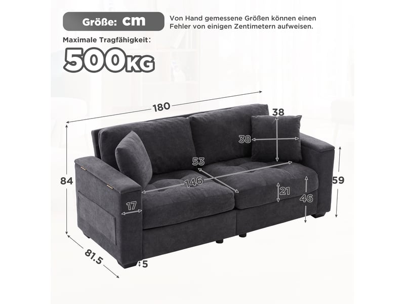  Canapé droit 2 places 180 cm avec rangement intégré dans les accoudoirs, poches latérales, 2 coussins et mousse haute densité, chenille, gris foncé  - Conforama E