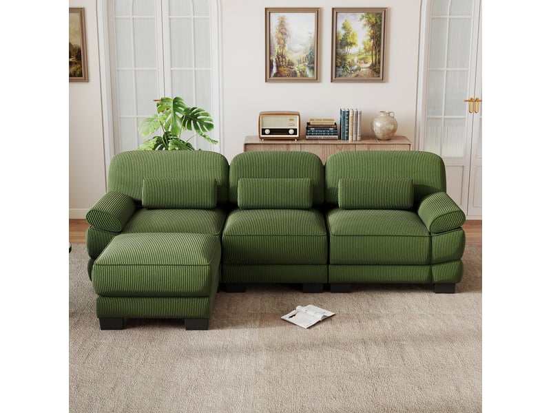  Canapé d'angle modulable 3 places en l avec 1 pouf, coussin lombaire épais, assise profonde, tissu confortable, vert, pour salon  - Conforama D