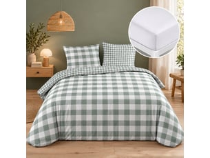 Parure de lit 240 x 220 cm 100% coton victoire sauge + drap housse 140 x 190 cm blanc