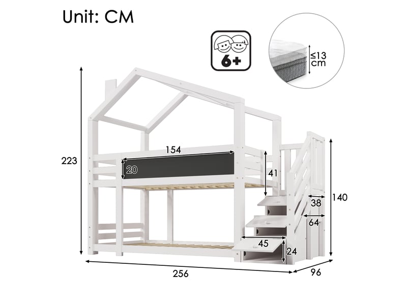 Lit superposé cabane 90 x 200 cm, structure cabane, couchages superposés, escalier, tableau intégré, bois massif et panneaux de particules, blanc ABC - Conforama C