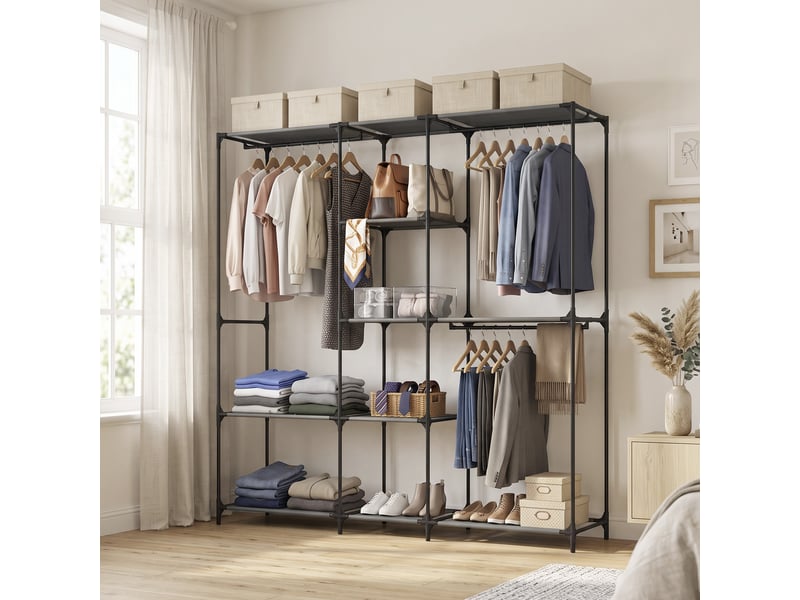  Armoire ouverte gain de place avec 3 tringles, 5 étagères, structure en acier, 182 x 43 x 182 cm, noire  - Conforama C