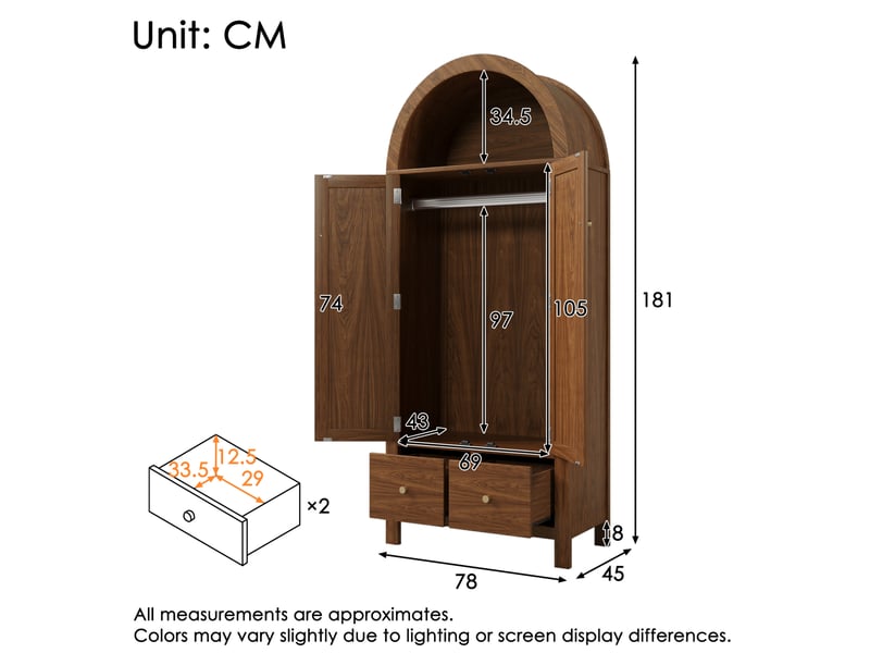  Armoire 78x45x181 cm 2 portes 2 tiroirs mdf noyer  - Conforama C