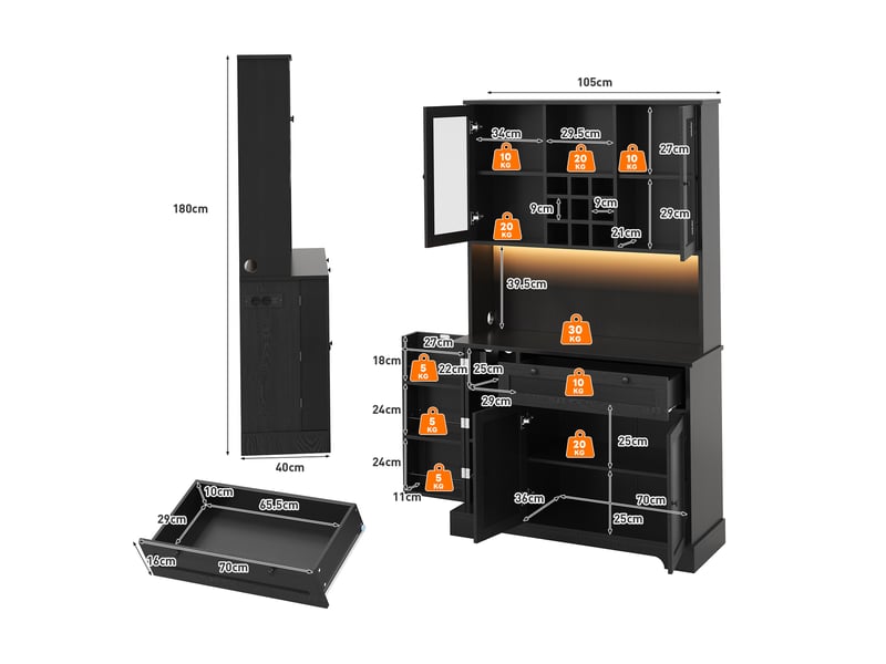  Vitrine de cuisine haute avec led et prise, armoire de rangement avec range-épices et étagères réglables, buffet vaisselier, 180 × 105 × 40 cm, noir CARDUME ESTIVAL - Conforama C