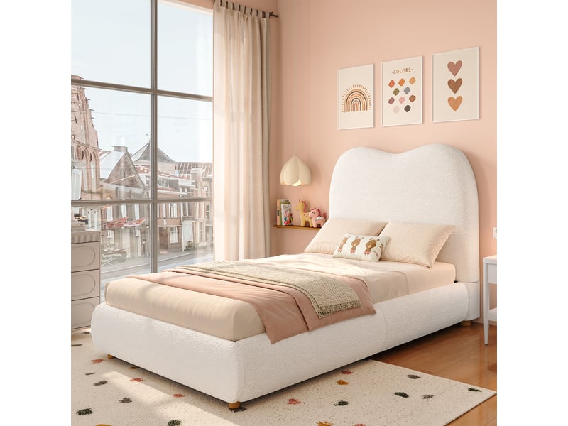  Lit enfant 90x200 cm, lit simple avec coffre de rangement hydraulique et tête de lit en velours, sans matelas - beige  - Conforama E