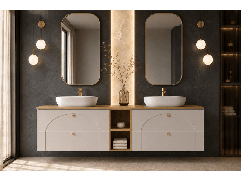 Meuble sous-vasque suspendu aura 180 cm avec étagère effet chêne craft cachemire mat g - Conforama B