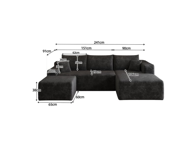  Canapé d'angle l 4 places en velours côtelé noir, 241 cm, assise profonde avec méridienne, sans montage Y152-R-CHAISE-2SEATER-1O-BLACK - Conforama A