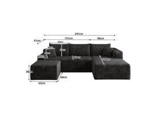 Canapé d'angle l 4 places en velours côtelé noir, 241 cm, assise profonde avec méridienne, sans montage