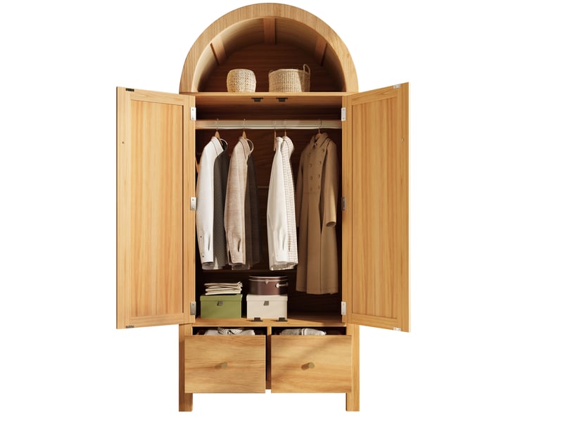 Armoire avec 2 portes en rotin, 2 tiroirs, penderie et niche ouverte, finition chêne pour chambre, 78 × 45 × 181 cm - Conforama A