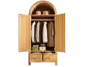 Armoire avec 2 portes en rotin, 2 tiroirs, penderie et niche ouverte, finition chêne pour chambre, 78 × 45 × 181 cm