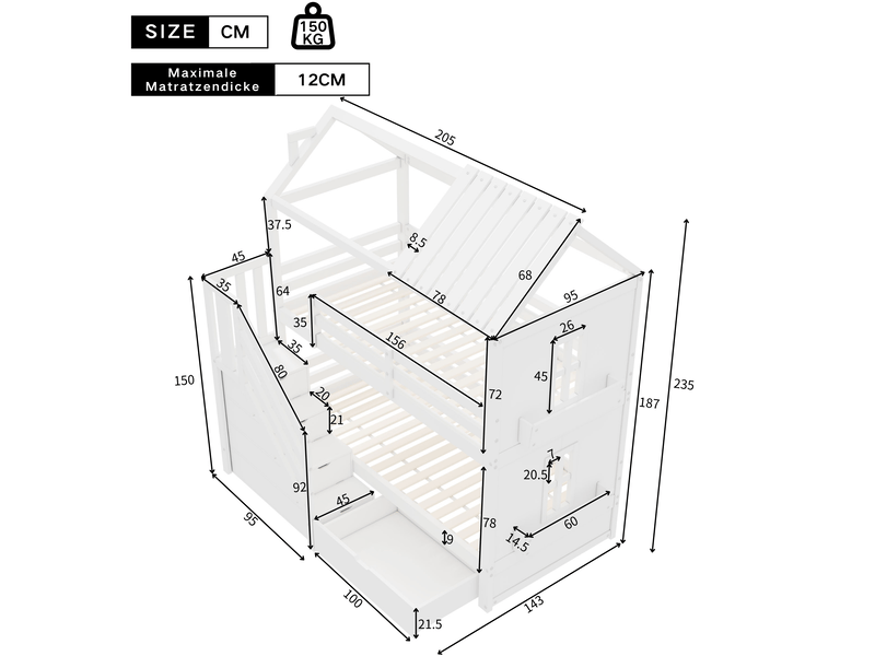  Lits superposés enfant 90x200cm, garde-corps, sommiers, lit cabane, espace de rangement, en bois+mdf, blanc, sans matelas  - Conforama C