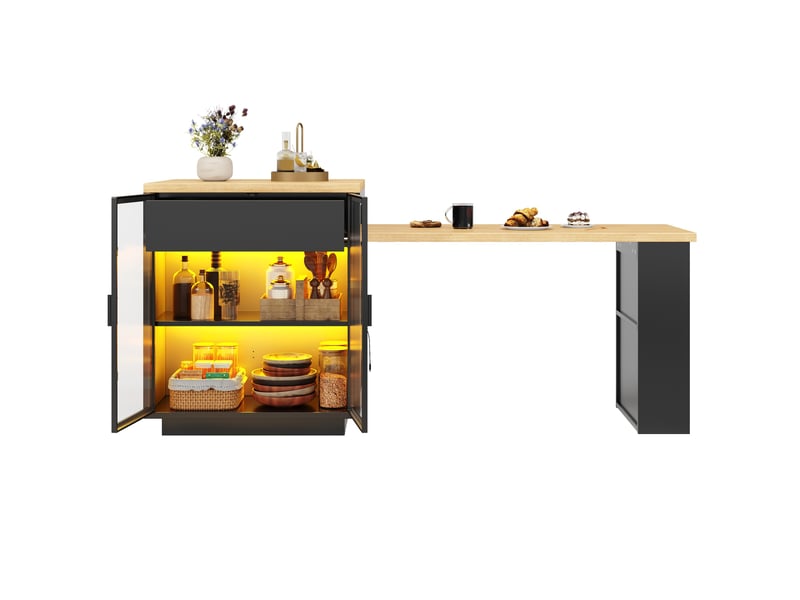  Îlot de cuisine extensible en table à manger 122 à 194,5 cm, led et usb, noir  - Conforama A