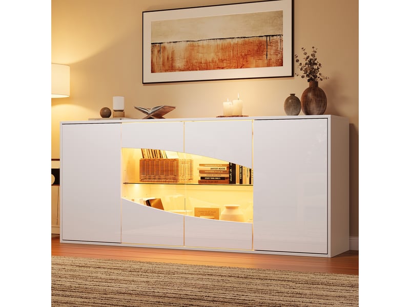  Buffet et enfilade vitrine avec 4 portes, 6 niches, étagères réglables et éclairage led pour salon, mdf blanc, 160×35×70 cm  - Conforama B