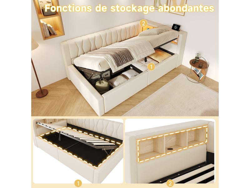  Lit banquette coffre 90x200 cm avec éclairage led dimmable, tête de lit étagère et prises usb, beige evarich - Conforama D