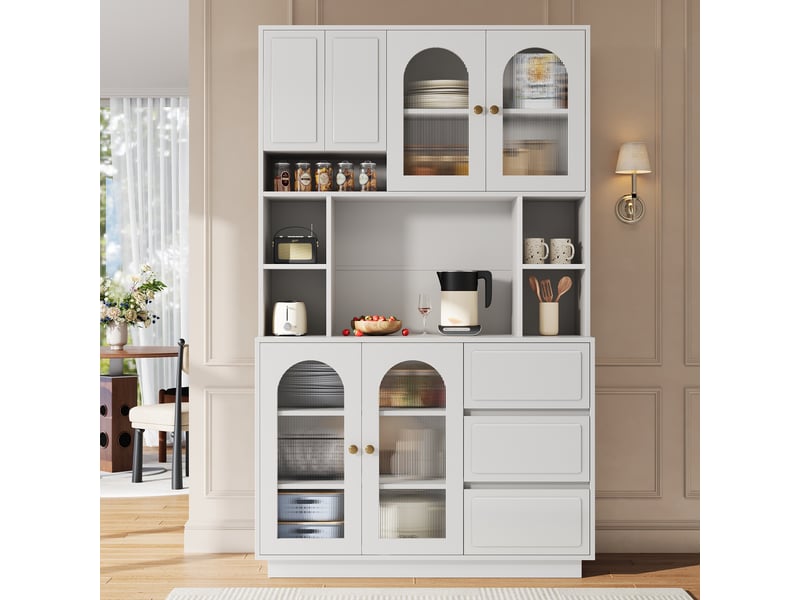 Buffet de cuisine haut blanc en mdf 106x30x175 cm, 6 portes, 3 tiroirs, portes acryliques cintrées et led - Conforama B