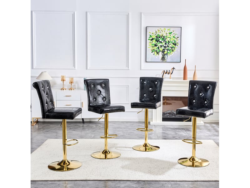  Tabouret de bar en cuir pvc effet crocodile avec dossier capitonné et finition cristal, noir  - Conforama C