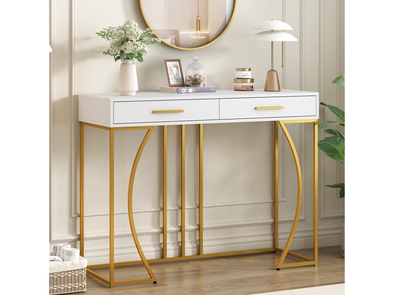  Console d’entrée avec 2 tiroirs, style luxe léger, blanc et or, 110x32x85 cm, table d’appoint  - Conforama B