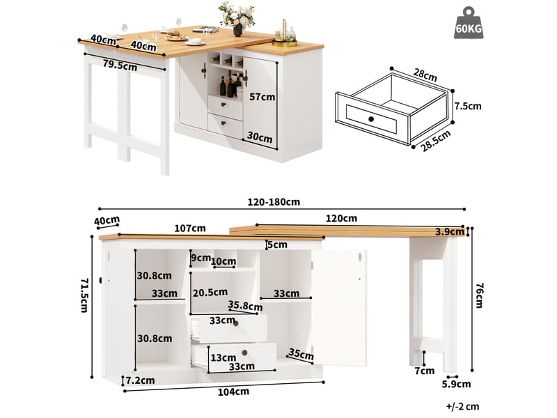  Table bar extensible avec rangement mdf blanc  - Conforama E