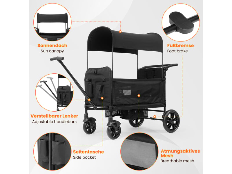  Chariot enfant pliable noir 2 places avec toit pare-soleil, plateau, poignée réglable, harnais 5 points et compact  - Conforama E