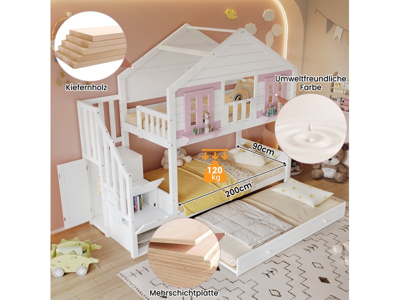 Lit superposé enfant 90x200 cm – blanc et rose – couchage gigogne et escalier de rangement - sans matelas - Conforama E