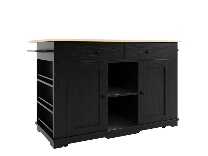  Îlot de cuisine noir et bois avec prises électriques, chariot de cuisine pliable avec rangement, 151.5x84.7x91.7 cm  - Conforama W