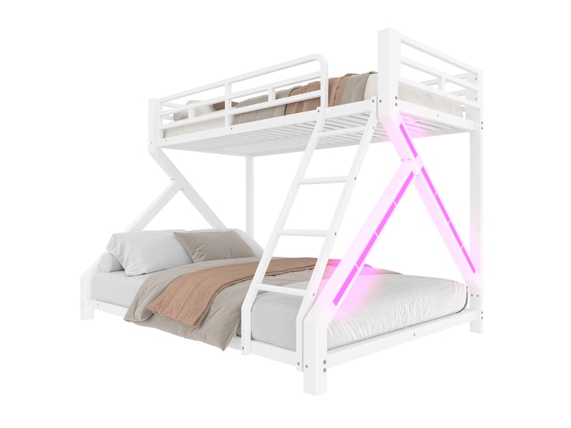 Lit superposé enfant en métal blanc avec led, couchages 90 x 200 et 140 x 200 cm, échelle et barrières, sans matelas  - Conforama A