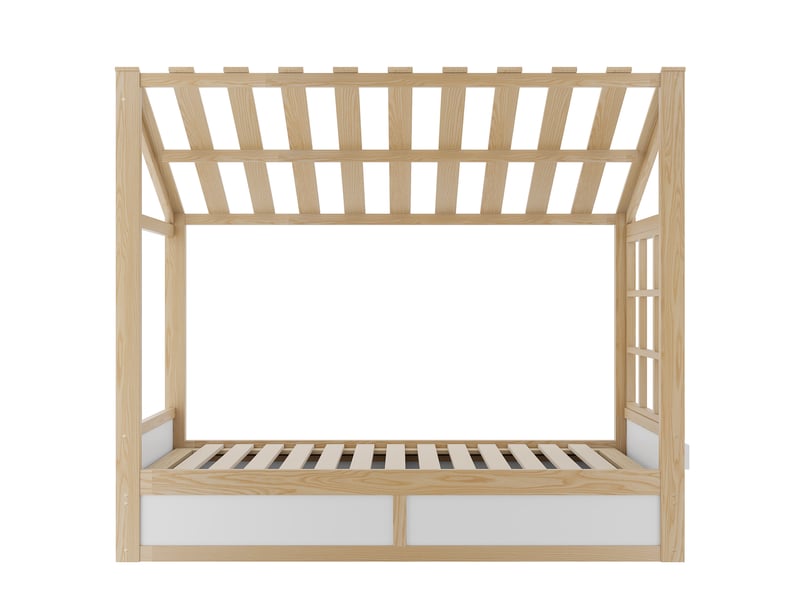  Lit coffre enfant 90x200 cm - lit avec rangement hydraulique et rangements latéraux - structure maison en bois - blanc naturel  - Conforama W