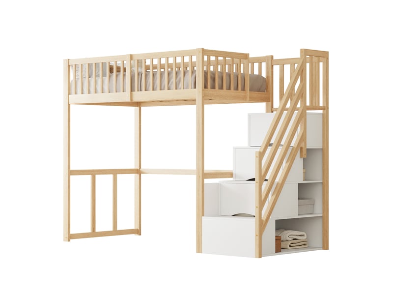  Lit mezzanine enfant 200×90 cm avec escalier de rangement et bureau, sans matelas, en pin massif, coloris bois naturel  - Conforama E