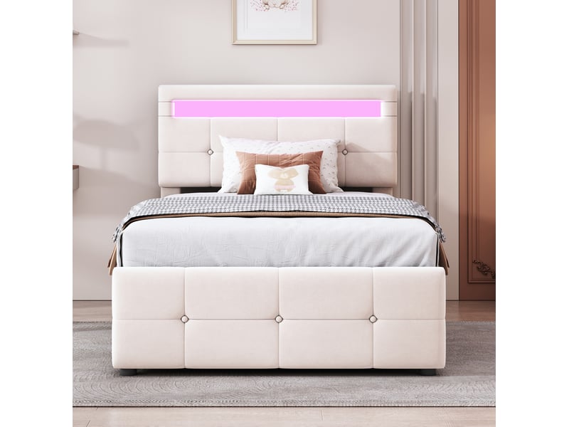  Modenvie lit enfant coffre 90x200 cm - avec led et rangement hydraulique, sans matelas - beige  - Conforama B