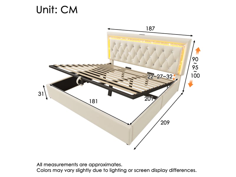  Lit coffre hydraulique 180x200 cm rembourré en velours beige avec led diamant, usb-c, tête de lit capitonnée et sommier à lattes Morn Vibe - Conforama B