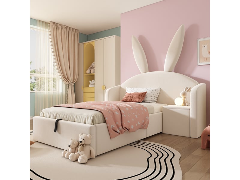 Lit coffre enfant 90x200 cm avec tête oreilles de lapin, rangement hydraulique et table de chevet réversible, velours beige - Conforama D