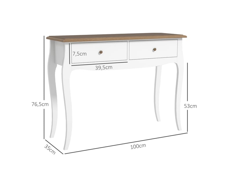  Console à 2 tiroirs, style français, pour entrée, chambre, salon, 100 x 35 x 76,5 cm, blanc et marron foncé  - Conforama E