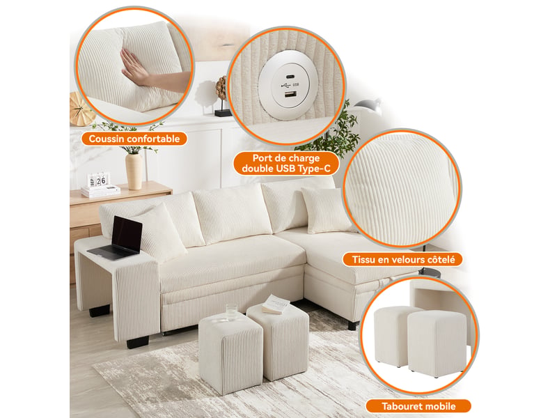  Canapé d'angle convertible 3 places 231 x 131,5 x 84 cm avec rangement ports usb-c étagère et coussins, velours côtelé beige Sol Morn - Conforama E