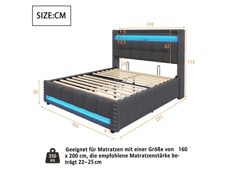  Lit avec tiroirs double 160×200 cm led, usb, étagères et 4 tiroirs  - sans matelas, tissu gris  - Conforama D