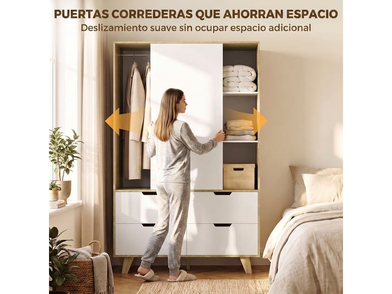  Armoire de chambre moderne avec portes coulissantes, penderie, étagères réglables et 4 tiroirs, chêne et blanc  - Conforama E