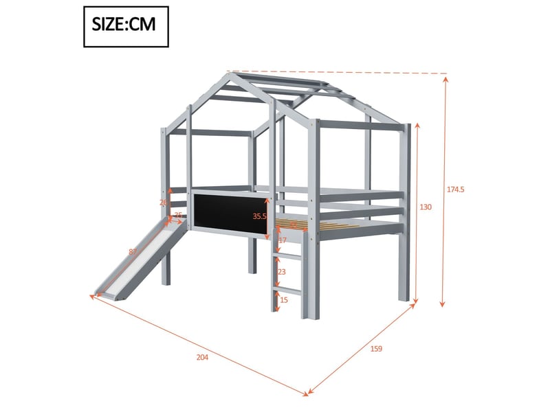  Lit mezzanine enfant 90x200, sécurité renforcée lit mezzanine avec escalier, design cabane ludique, toboggan intégré, tableau intégré  - Conforama C