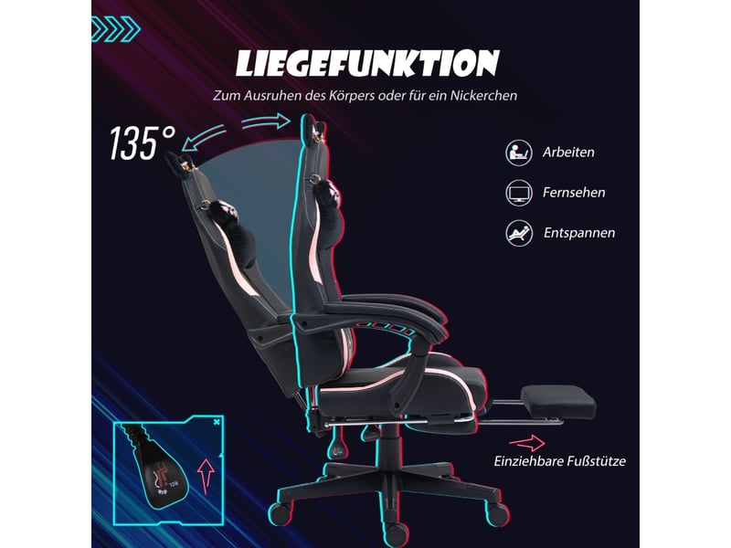  Chaise de bureau avec dossier inclinable et repose-pieds, coussins amovibles et roulettes en simili cuir noir  - Conforama C