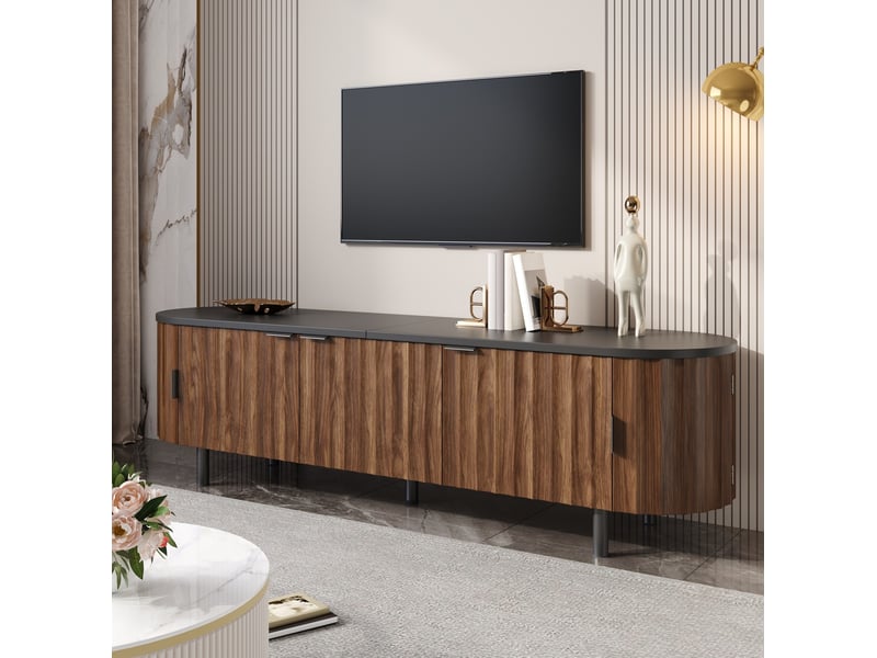  Meuble tv en mdf bois foncé, 5 portes, façade rainurée et côtés arrondis, pieds et poignées en métal  - Conforama B