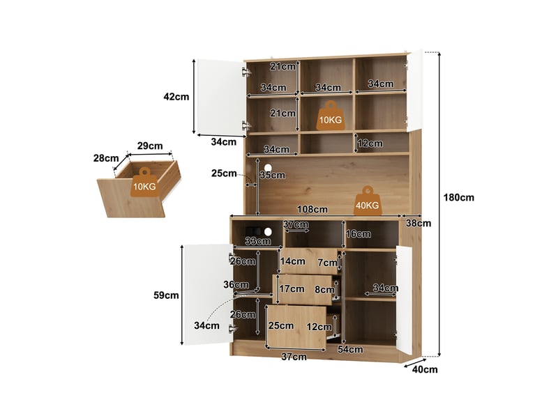  Armoire de cuisine haute 108x40x180cm, prises électriques, usb et led rgb connectée, 4 portes, 3 tiroirs, rangements réglables, blanc et bois  - Conforama D
