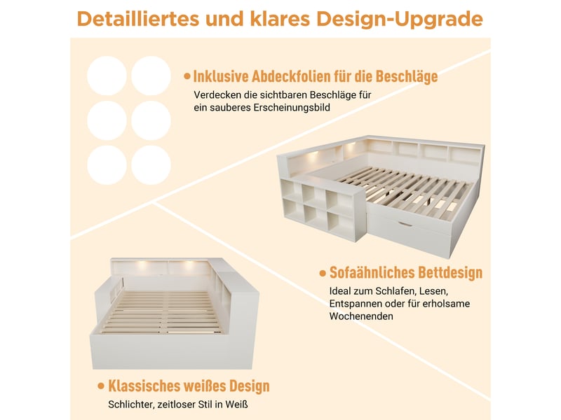  Lit double 140x190 avec rangement en bois blanc, ports usb type-c et liseuse intégrée, étagères et tiroirs  - Conforama R