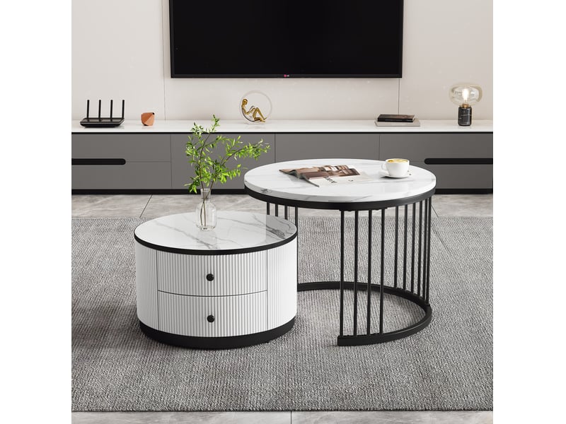 Ensemble tables basses 60x60x45,5+50x50x32cm, plateaux effet marbre(matériau non marbré), 2 tiroirs, mdf, blanc et noir  - Conforama W