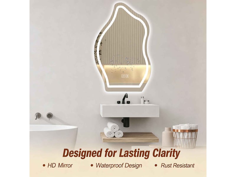 Miroir led 70 x 50 cm blanc en verre argenté sans cuivre forme goutte irrégulière tactile anti buée éclairage réglable salle de bain - Conforama E