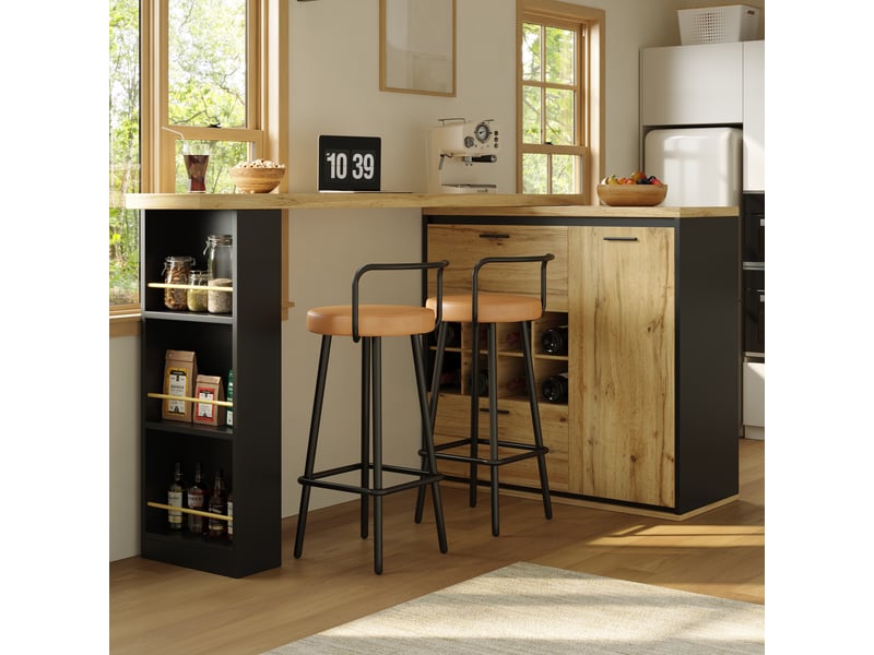  Table de bar extensible 138-220x39x105 cm, table à manger haute avec rangement, 2 tiroirs, casier à vin, étagères - mdf - effet bois  - Conforama B