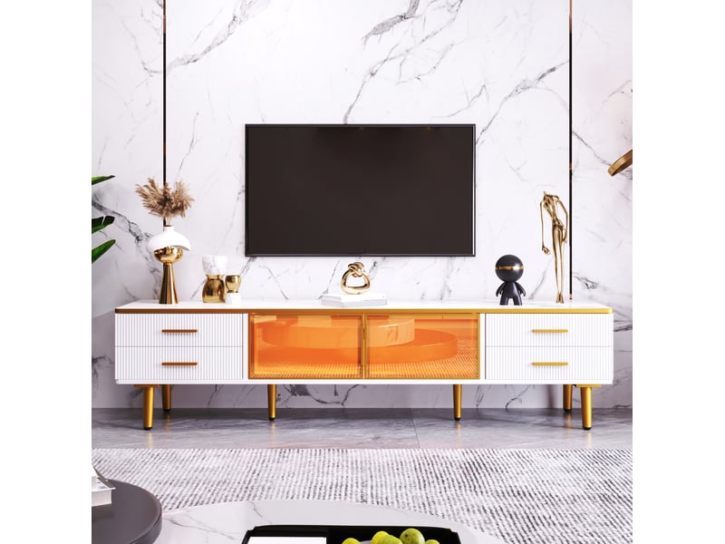  Meuble tv avec led – blanc, doré et verre brun – 170 x 37 x 47,5 cm  - Conforama C