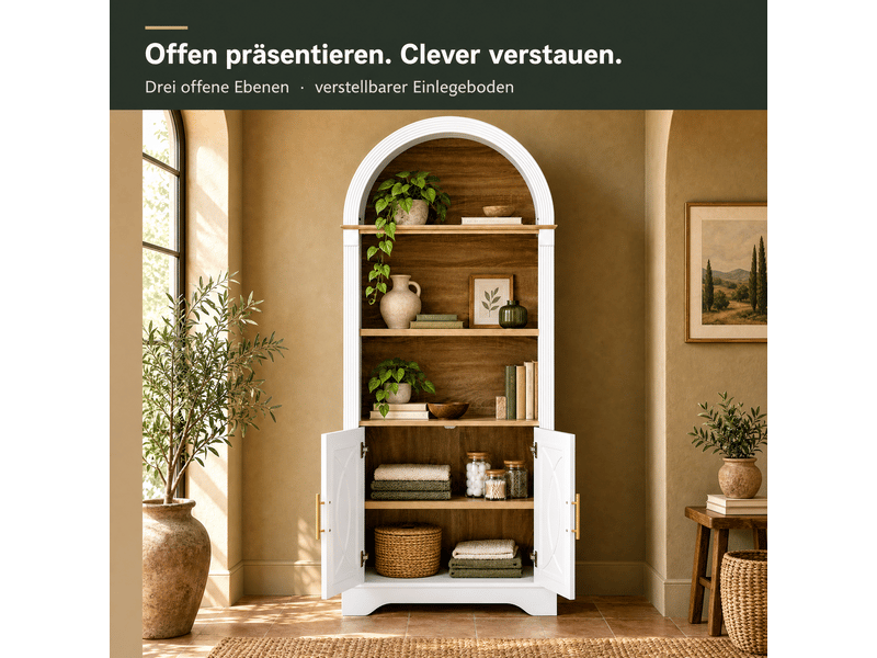  Buffet cuisine 2 portes, 76,2 x 40,1 x 180 cm, éclairage led, 3 niches ouvertes, étagère réglable et façades en relief, mdf, blanc Morn Vibe - Conforama E