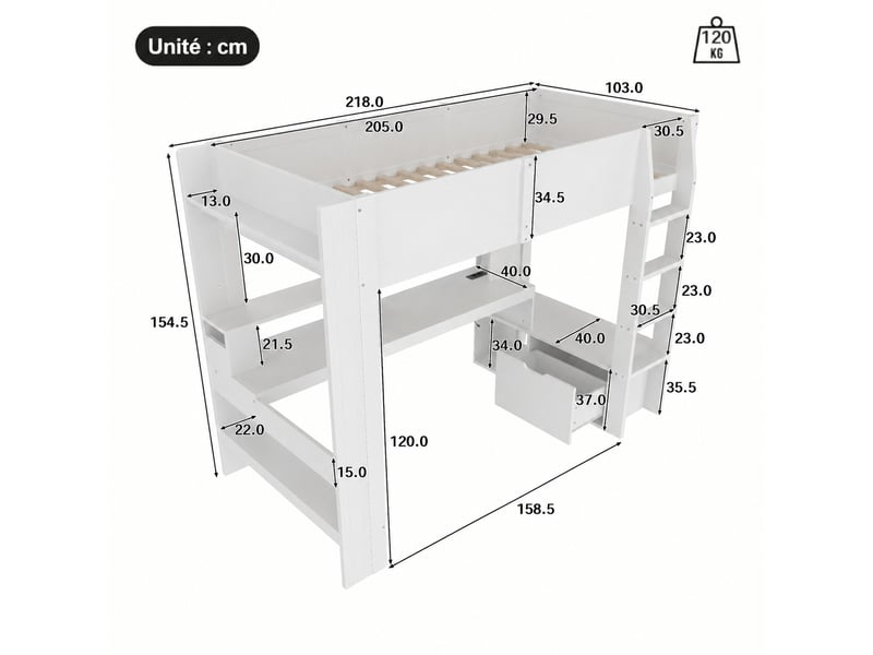  Lit mezzanine enfant 90 x 200 cm avec bureau, tiroir et étagères, led 16 couleurs, pin massif et mdf, blanc  - Conforama C