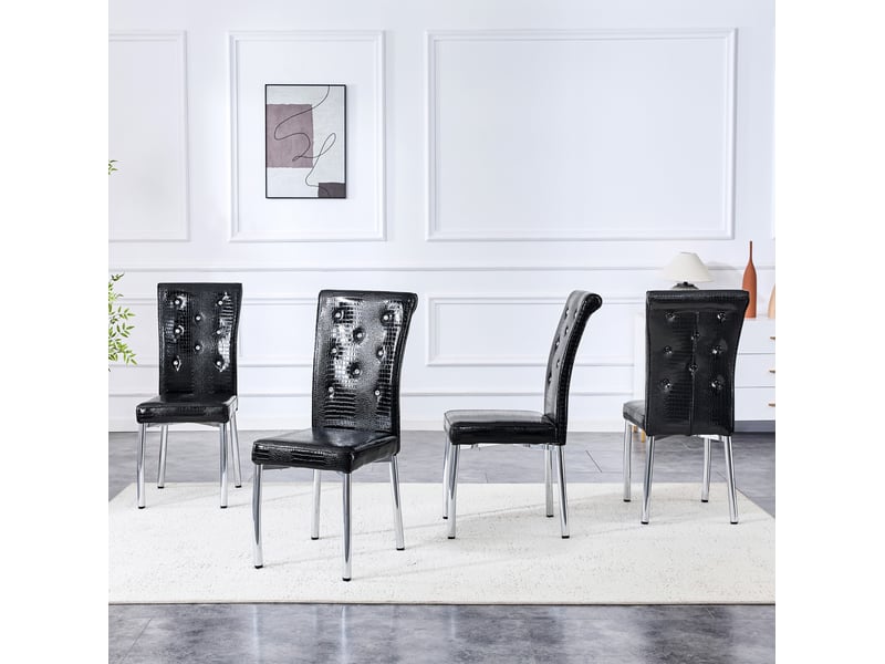  Lot de 4 chaises de salle à manger rembourrées à motif alligator avec boutons cristal, en pvc et métal noir  - Conforama D