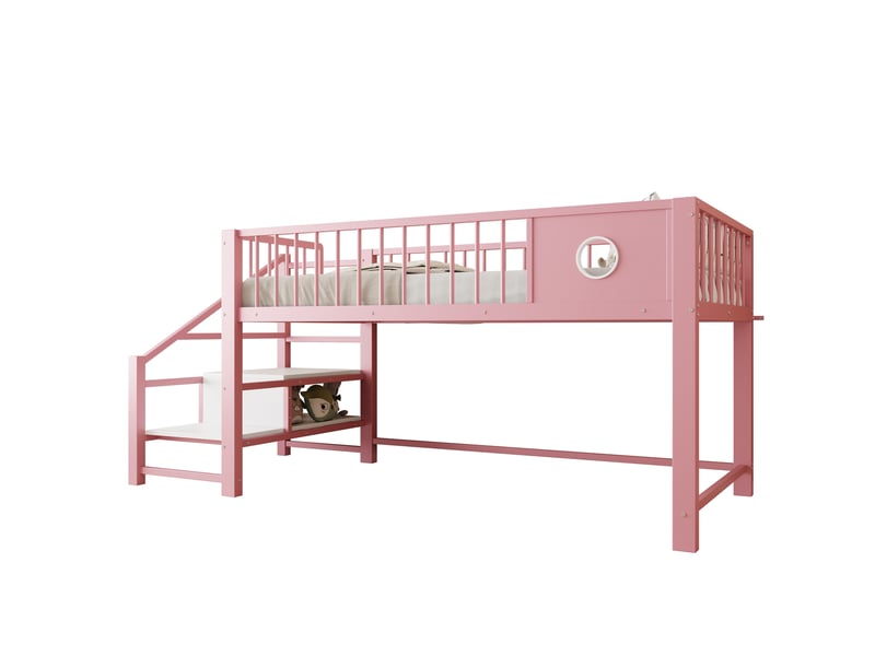  Lit mezzanine bas enfant 90 x 200 cm avec escalier de rangement et sommier, rose  - Conforama A