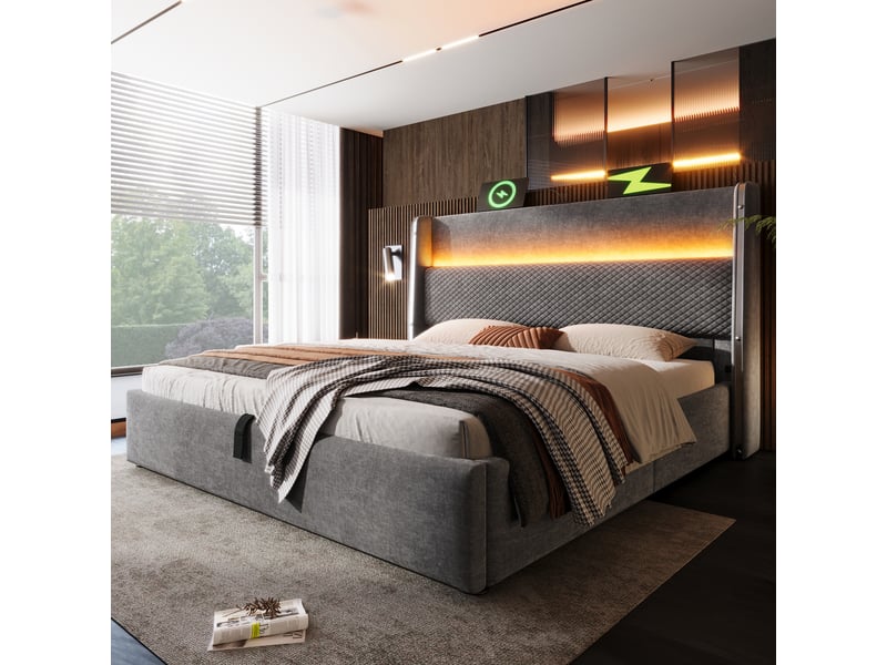  Lit hydraulique avec haut tête en lin gris 180x200 cm  - Conforama B